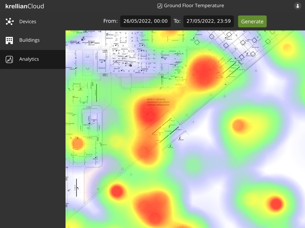 A mockup of a main menu and a heat map overlayed over a floor plan of a building